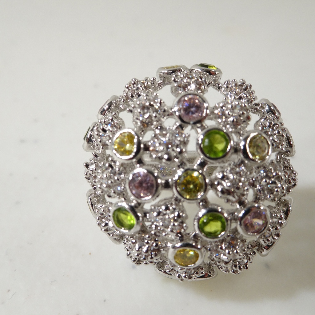 Crystal Green Yellow Pink Silver Bubble Ring Sz 8 27$